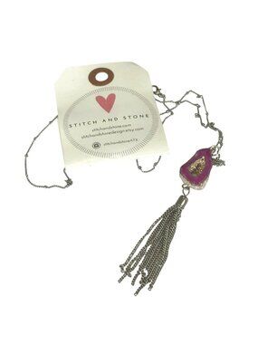 Stitch And Stone Pink Geode Pendant Necklace With Tassel  30" Silver Tone Chain